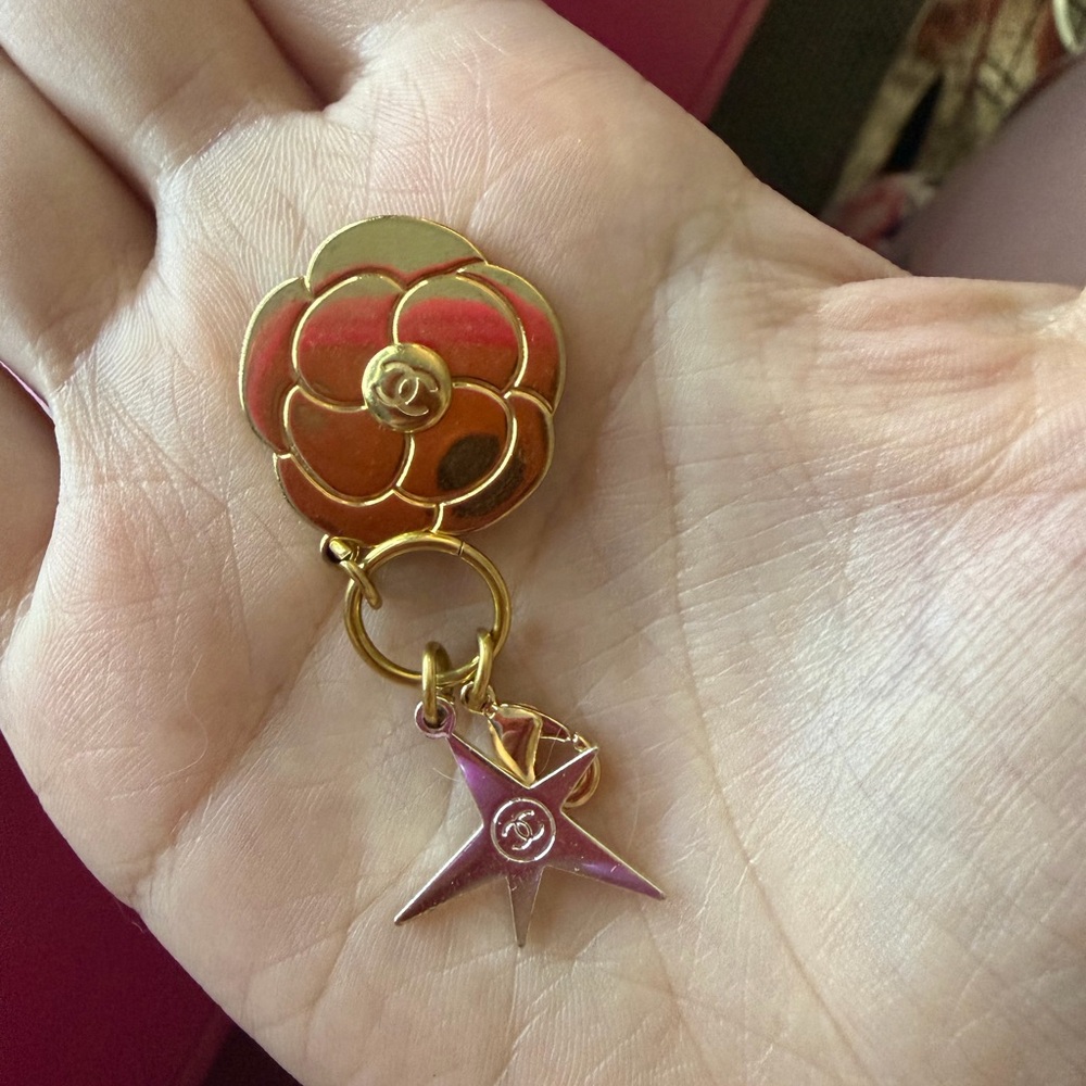 CHANEL Gold Camellia & Pink Star Charm Key Fob